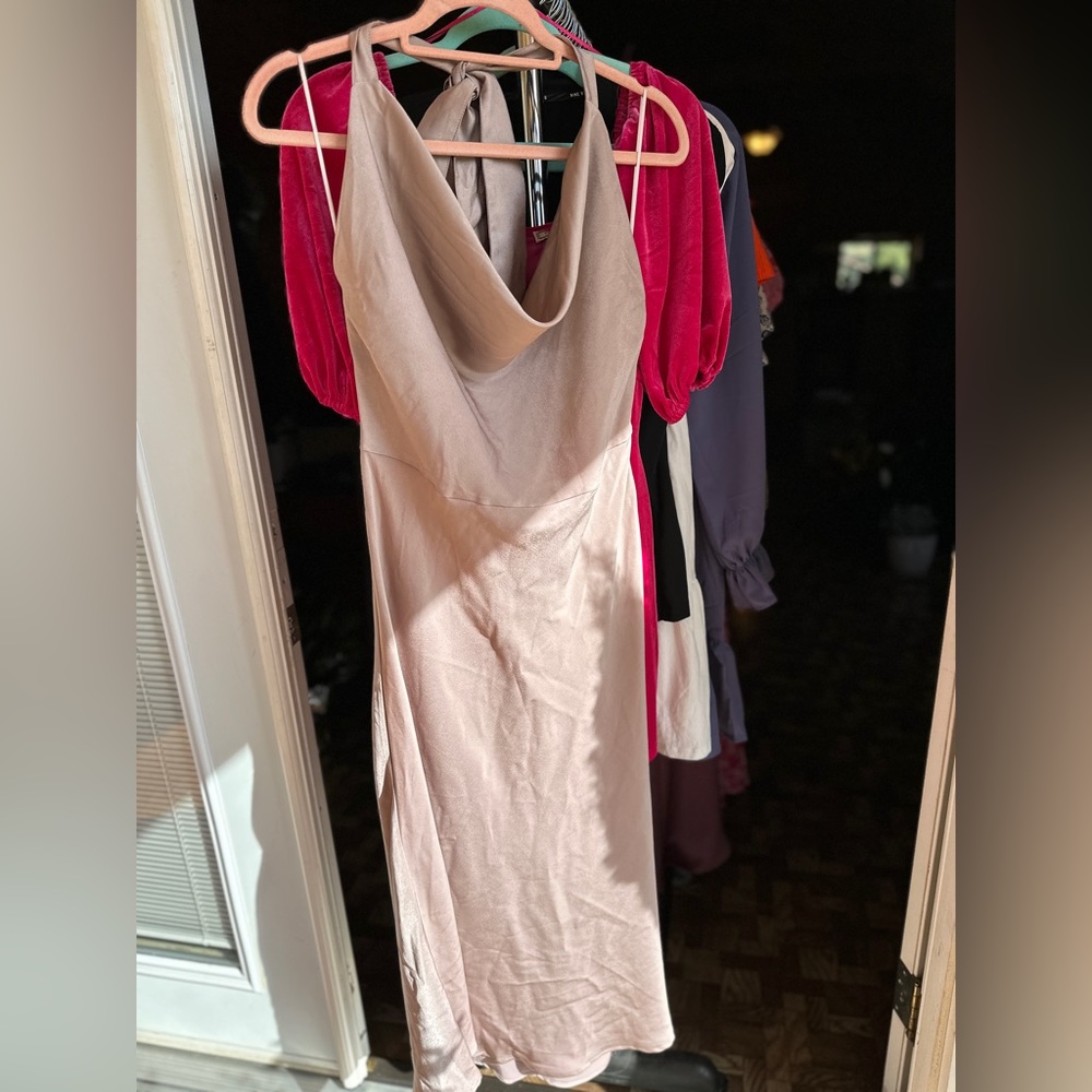 Bluivy satin dress, tan, tie around neck, with open back, NWT